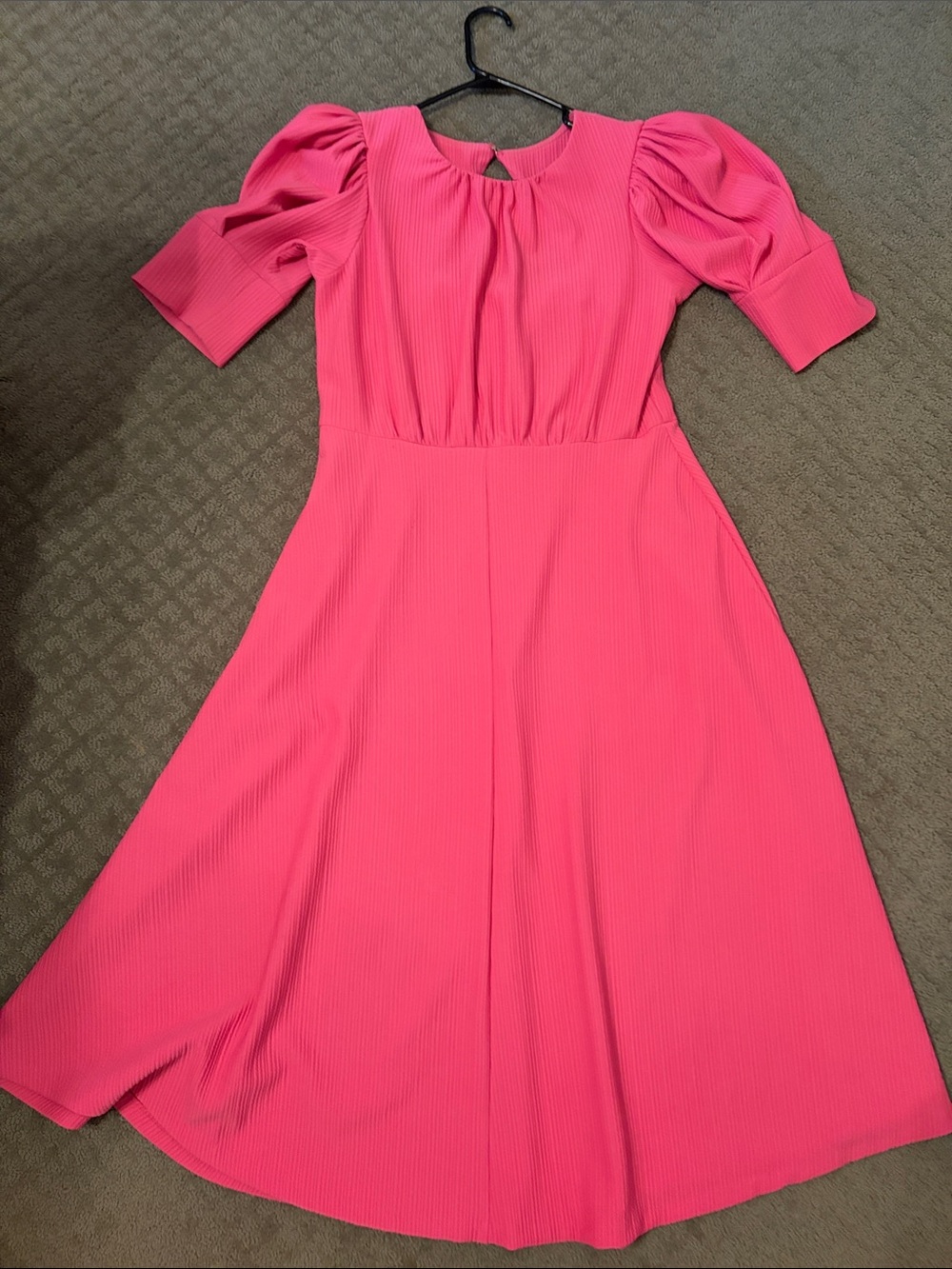 Maison Tara Bright Pink Puff-Sleeve Cutout Back Midi Dress